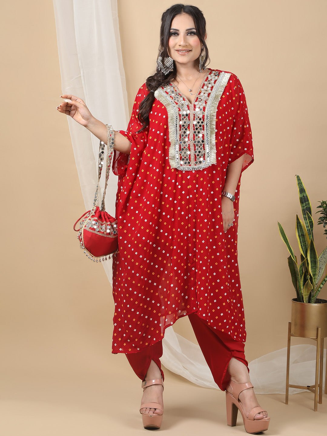 Maroon Printed Round Neck Kaftan For Women RBF53