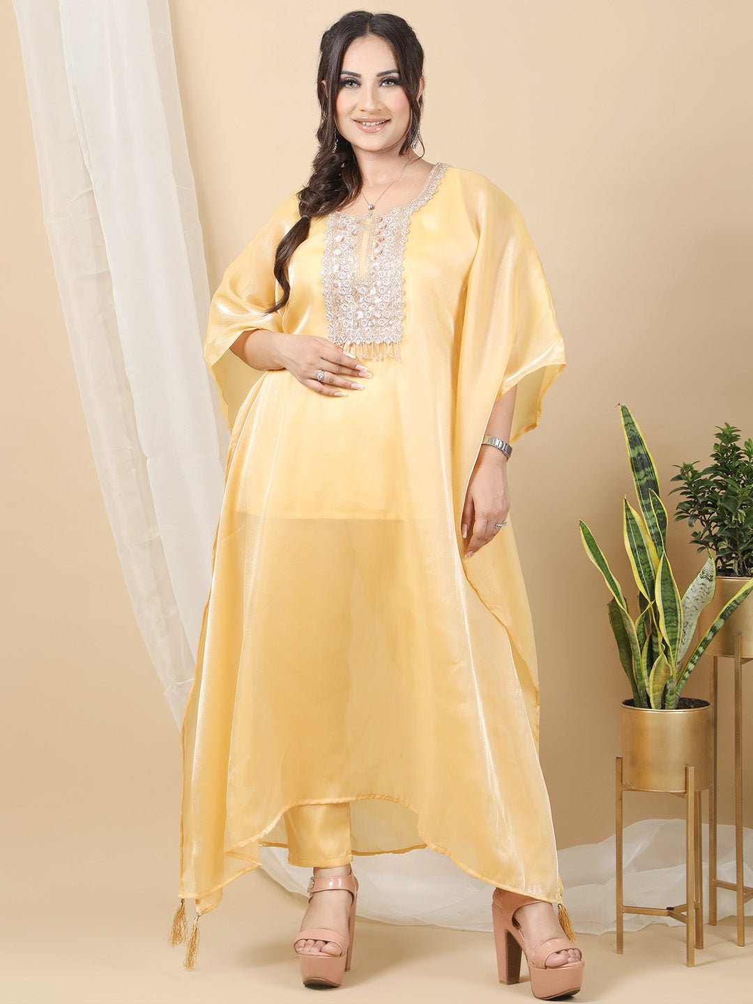 Mustard Round Neck Kaftan For Women RBF55