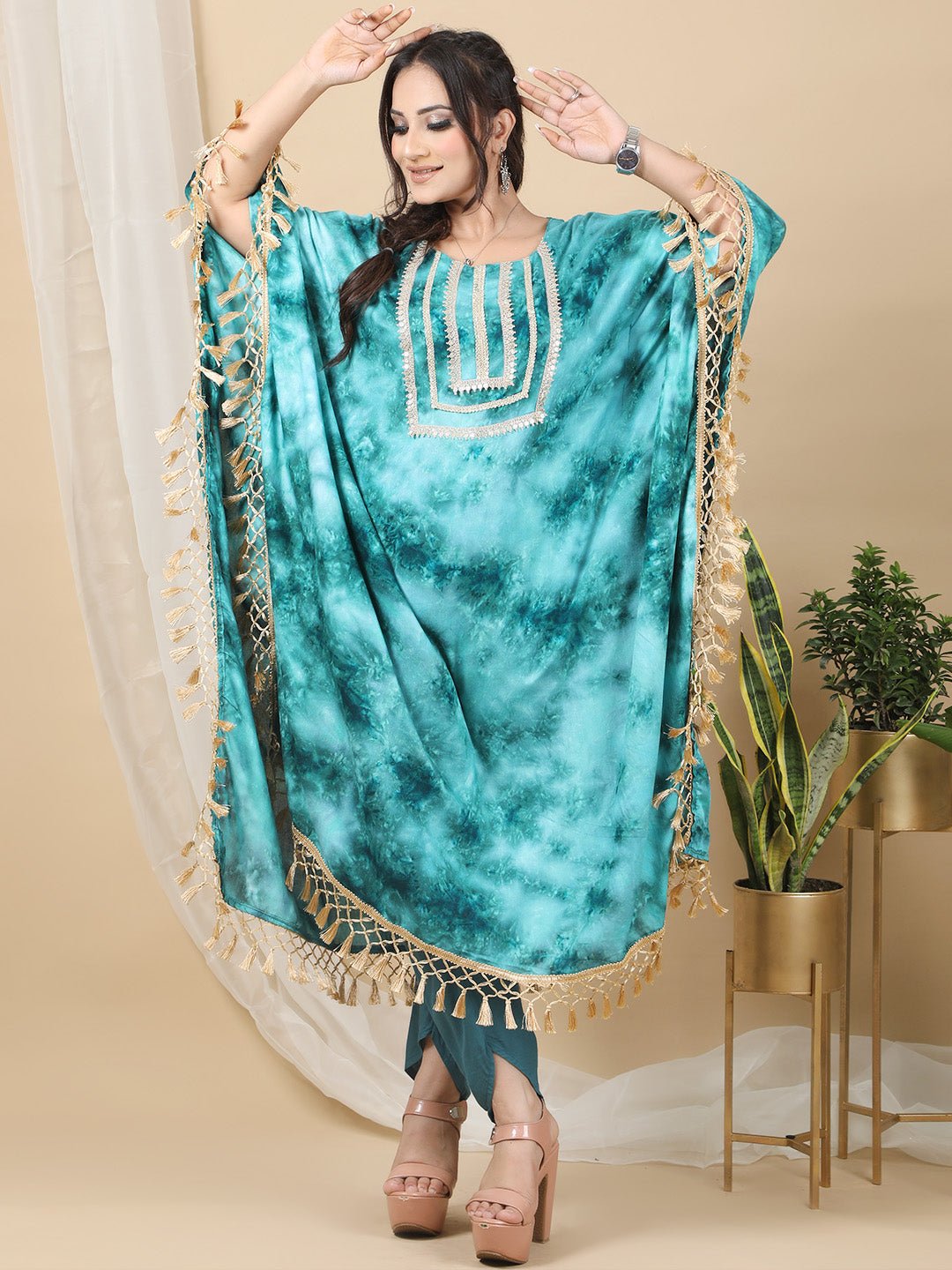 Sea Green Printed Round Neck Kaftan For Women RBF57