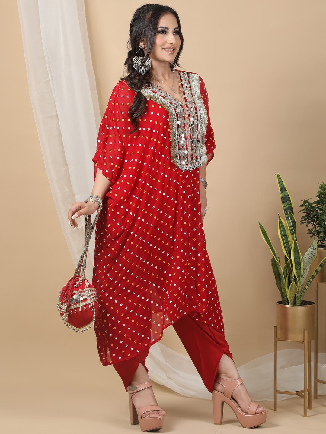 Maroon Printed Round Neck Kaftan For Women RBF53