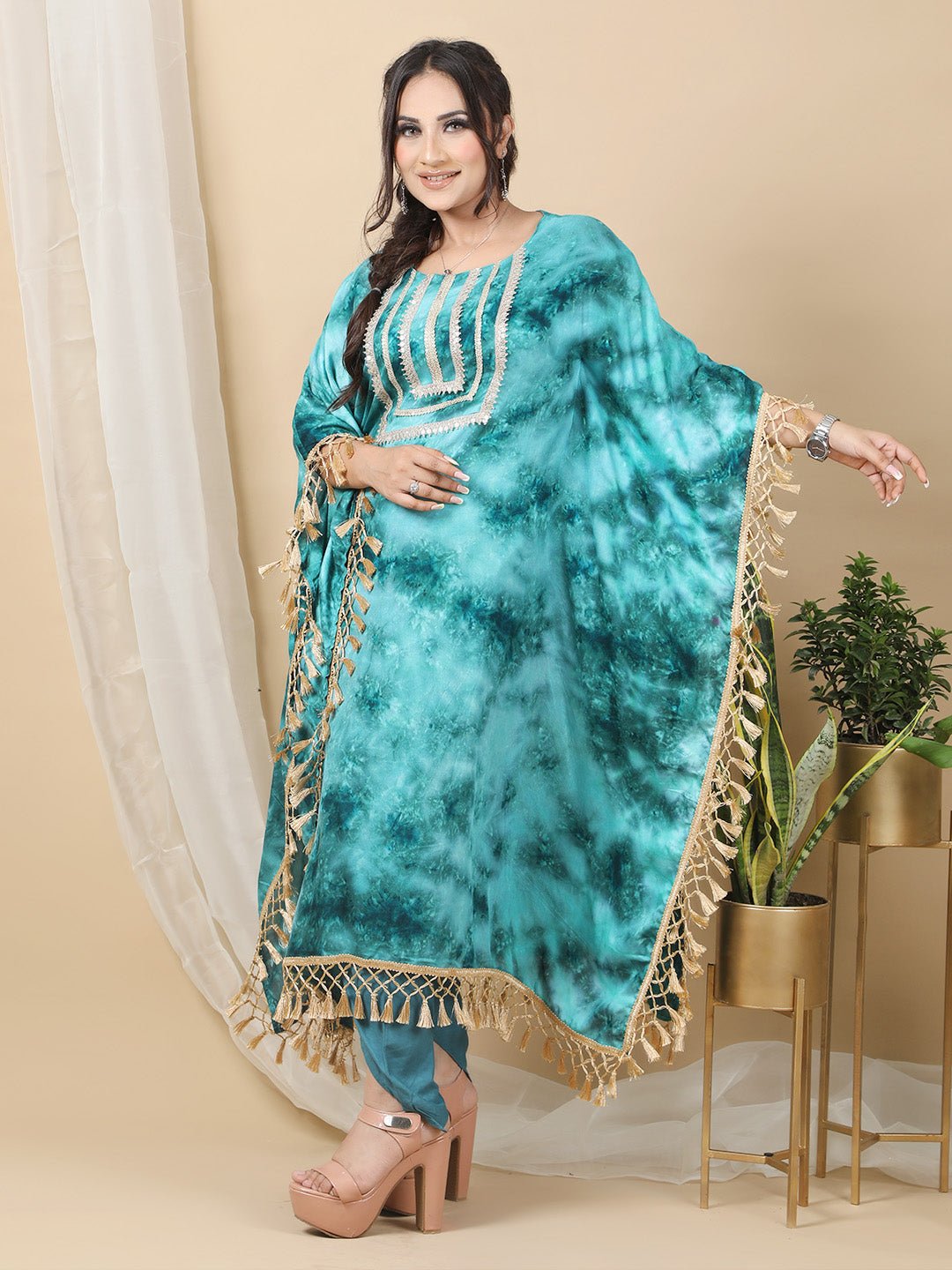 Sea Green Printed Round Neck Kaftan For Women RBF57