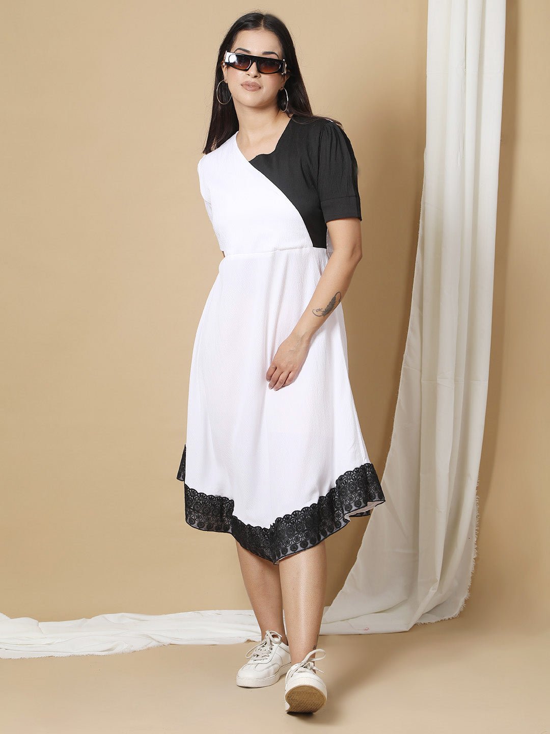 Black White A line Midi Maxi Dress for women RBF5