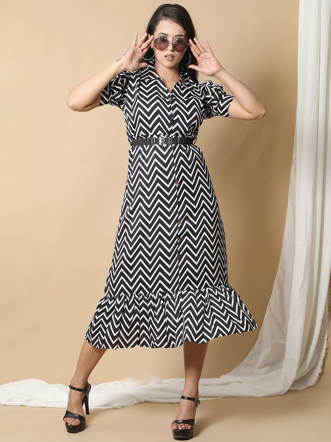 Black & White Printed Shirt Collar Midi Western Dress For Women RBF3