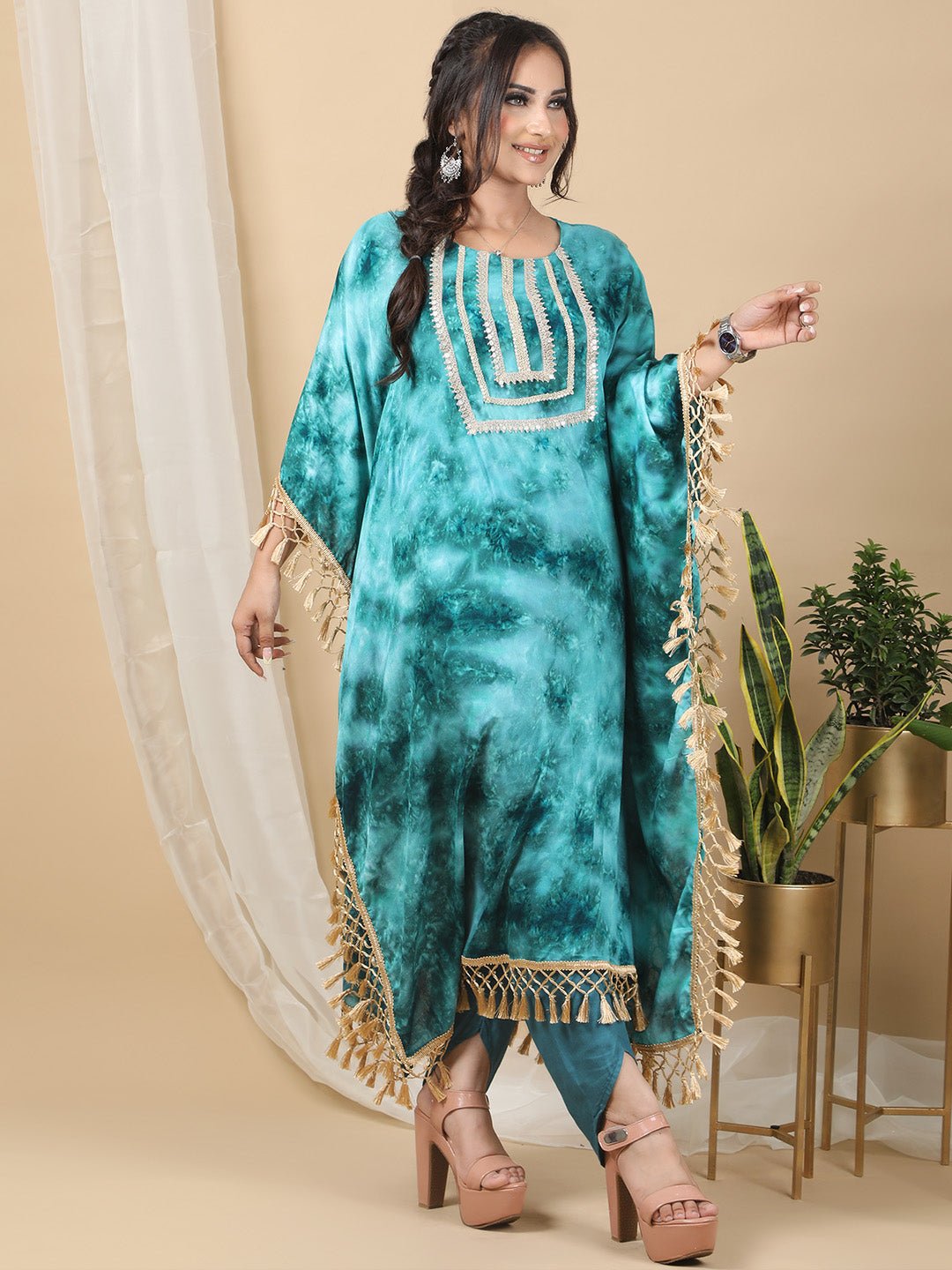 Sea Green Printed Round Neck Kaftan For Women RBF57
