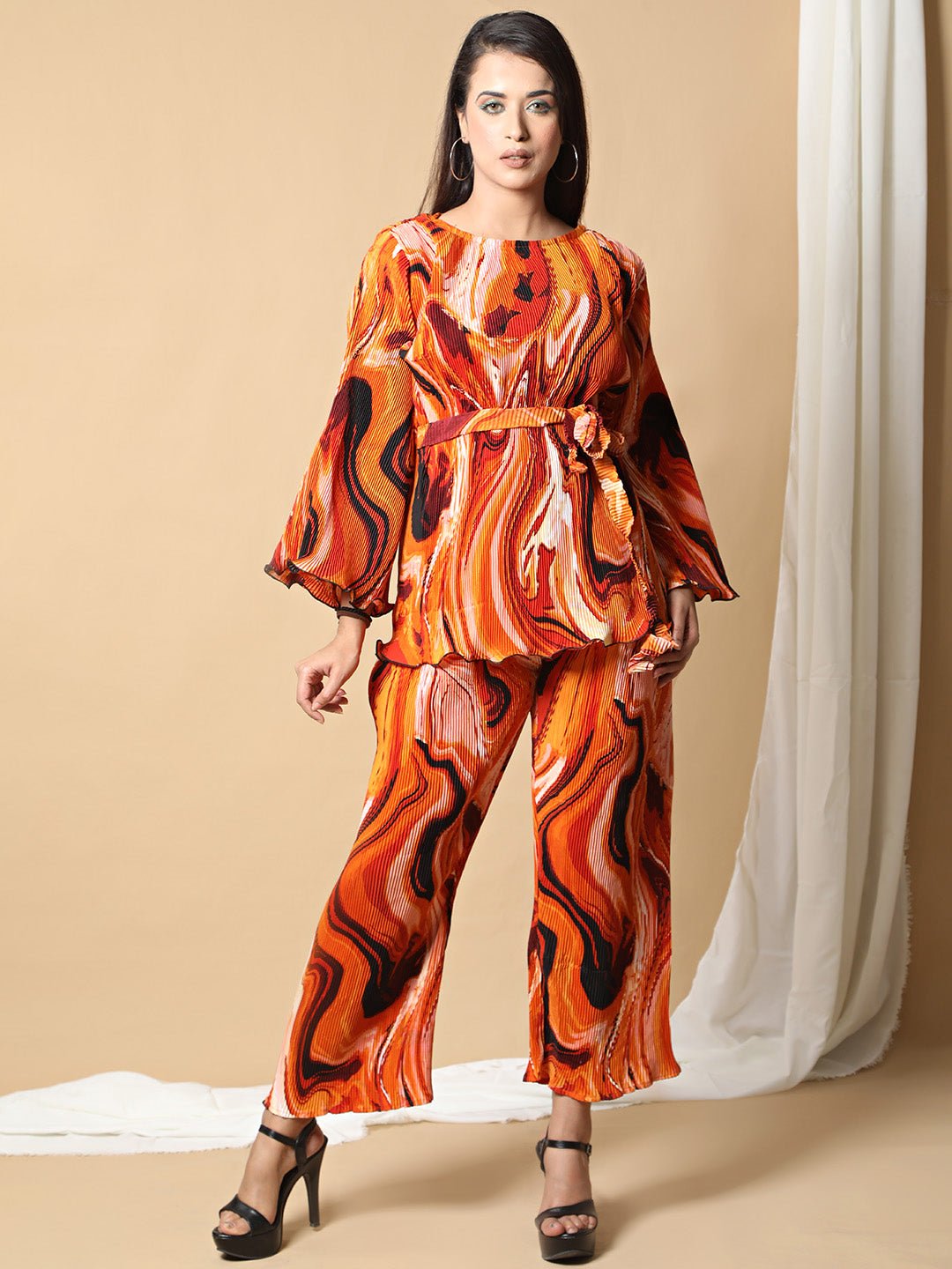 Pleated Abstract Print Co-ord Set For Women RBF24