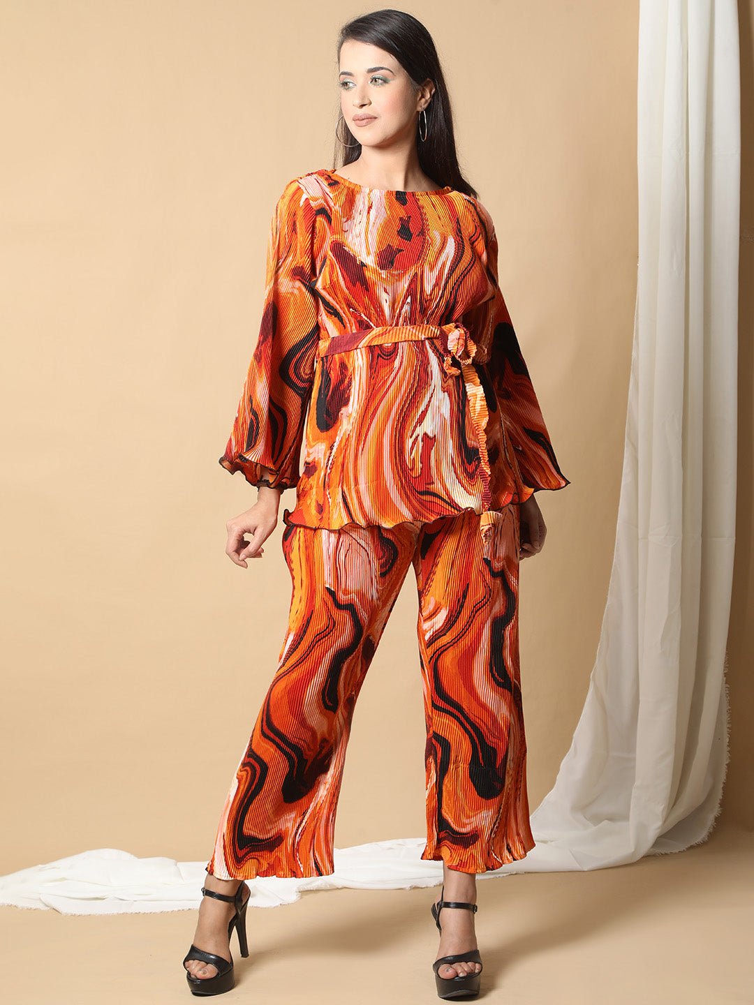 Pleated Abstract Print Co-ord Set For Women RBF24