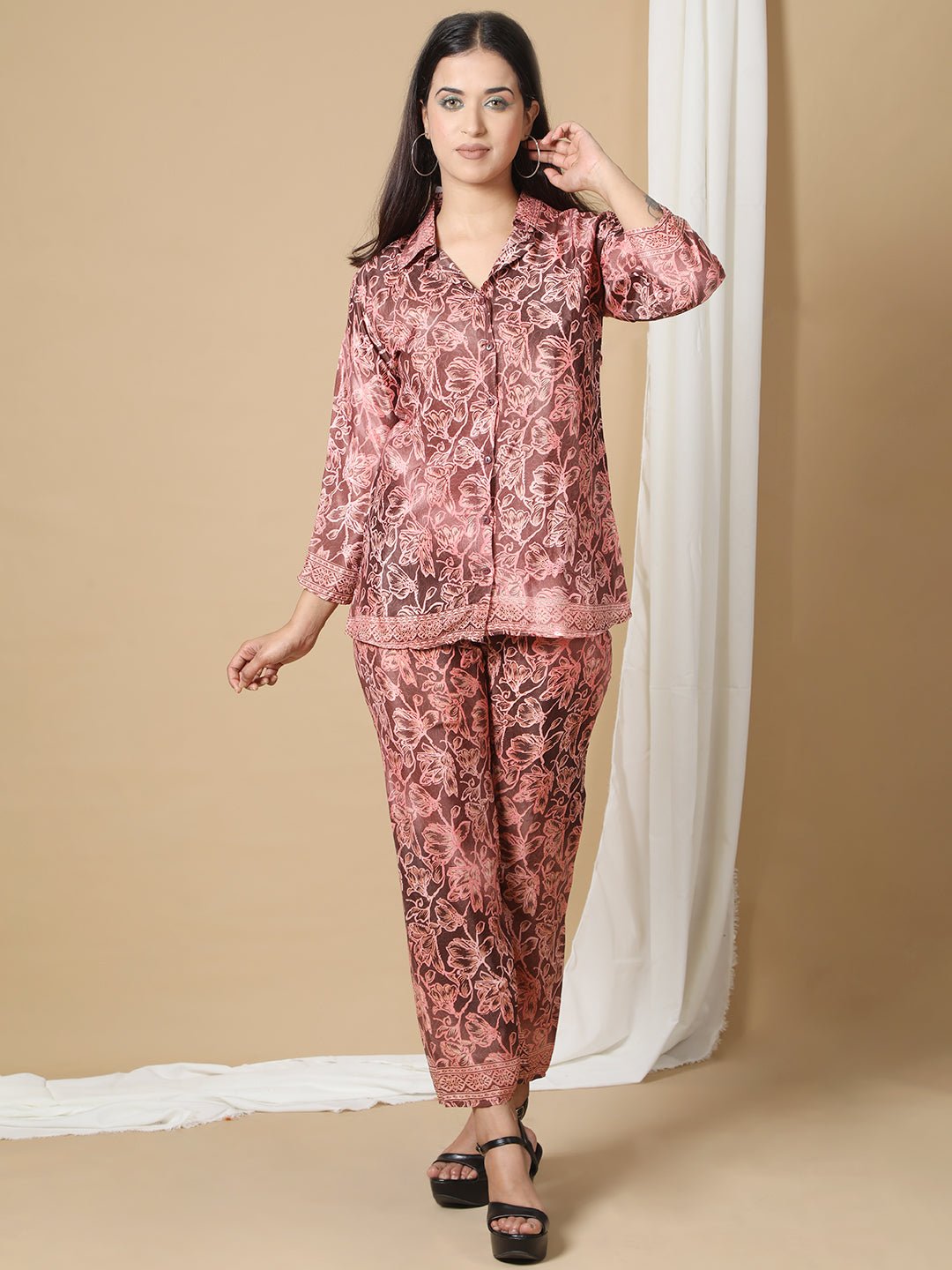 Chocolate Brown Printed Co-ord Set for Women RBF19