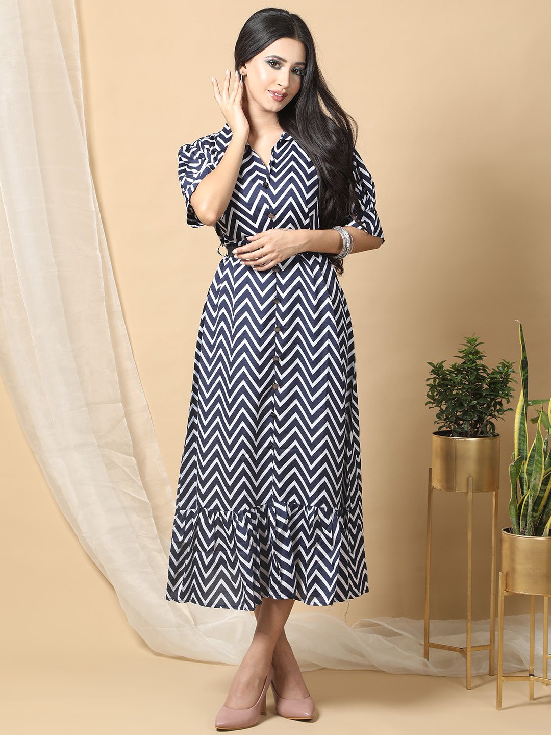 Blue Printed Shirt Collar Midi Western Dress For Women RBF3