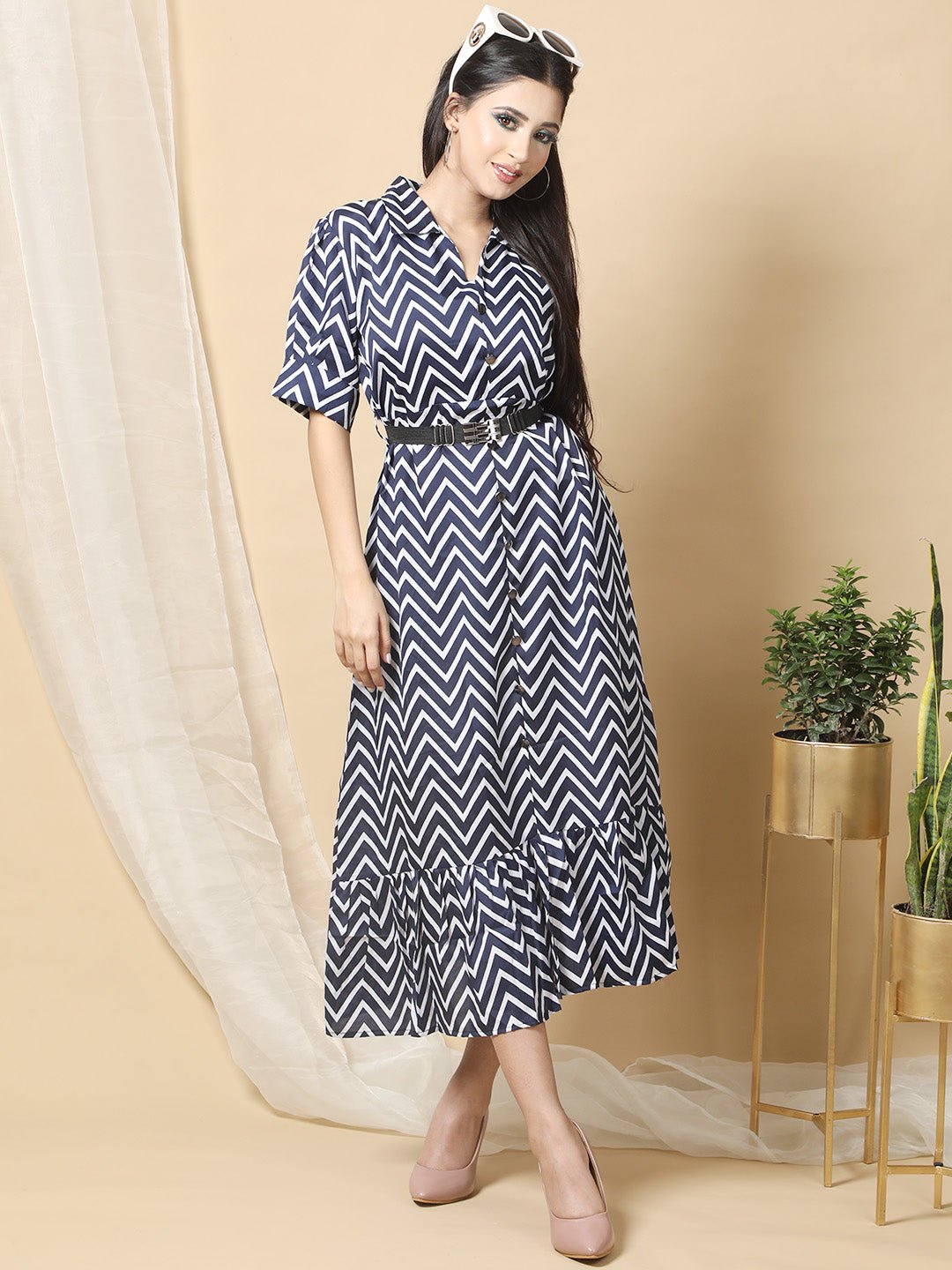 Blue Printed Shirt Collar Midi Western Dress For Women RBF3