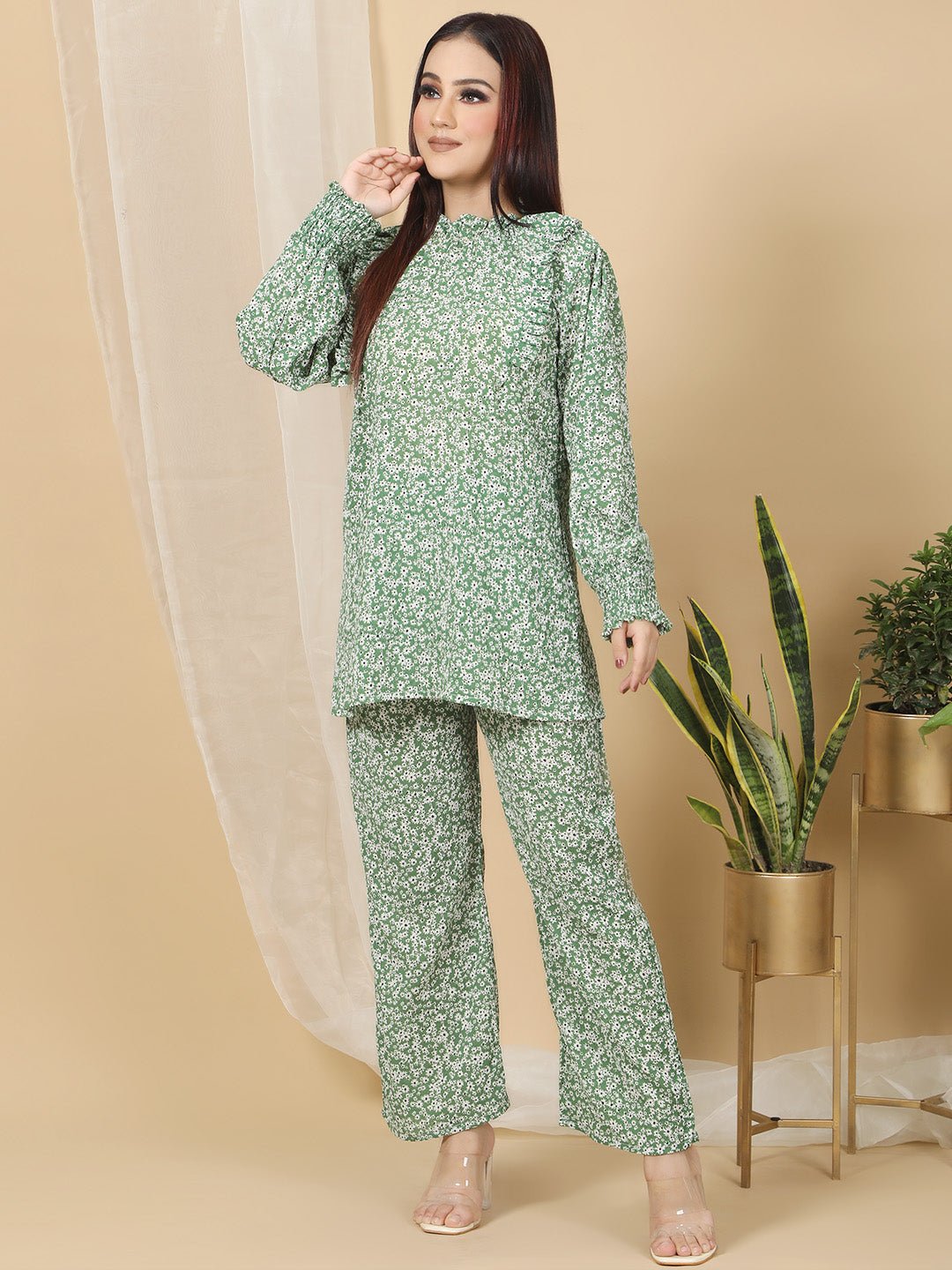 Green Floral Print Office Wear Co-ord Sets for Women RBF51