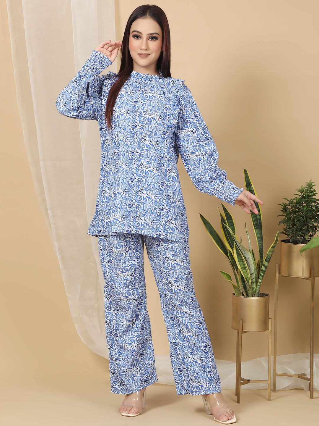 Blue Floral Print Office Wear Co-ord Sets for Women RBF51