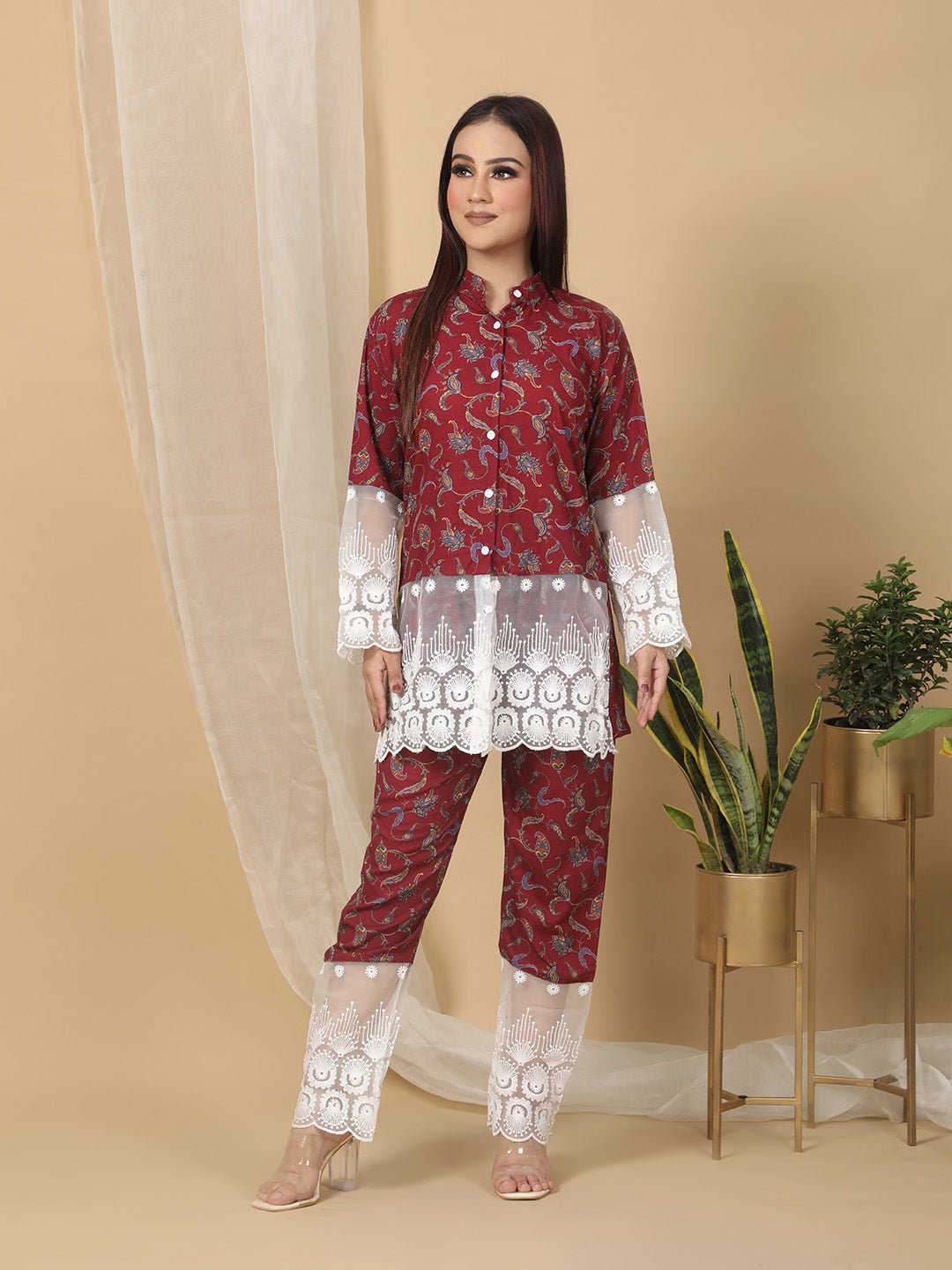 Maroon Floral Print Office Wear Co-ord Sets for Women RBF48