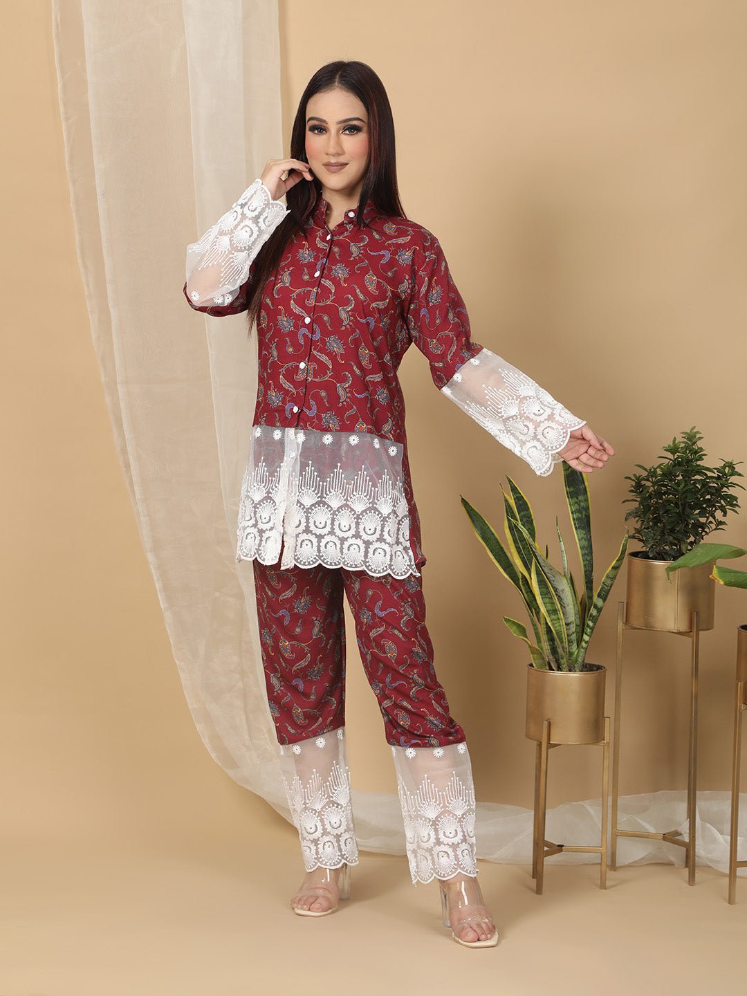 Maroon Floral Print Office Wear Co-ord Sets for Women RBF48