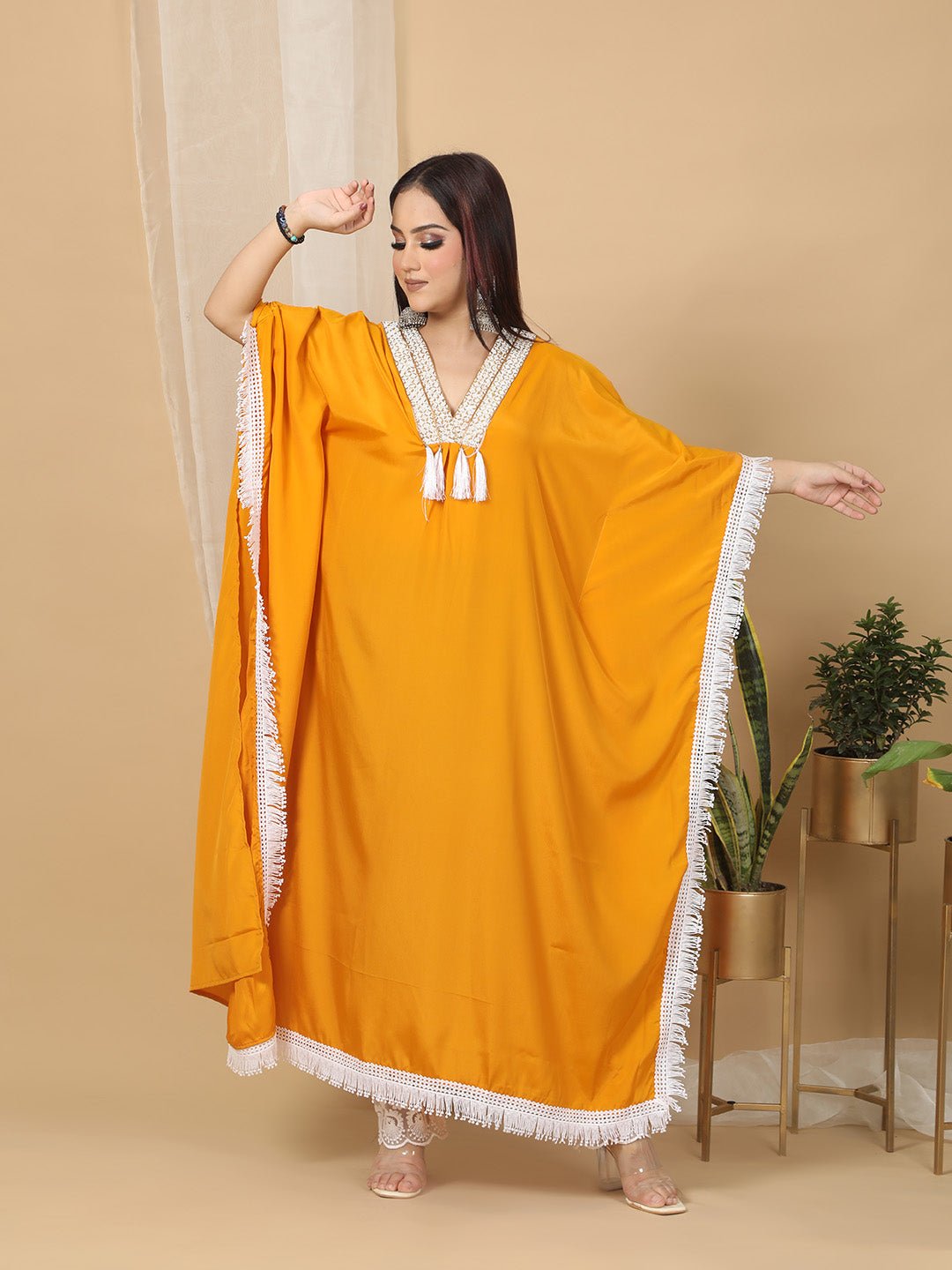 Mustard V Neck Kaftan For Women RBF61