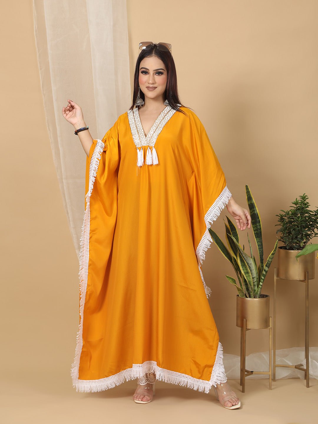Mustard V Neck Kaftan For Women RBF61