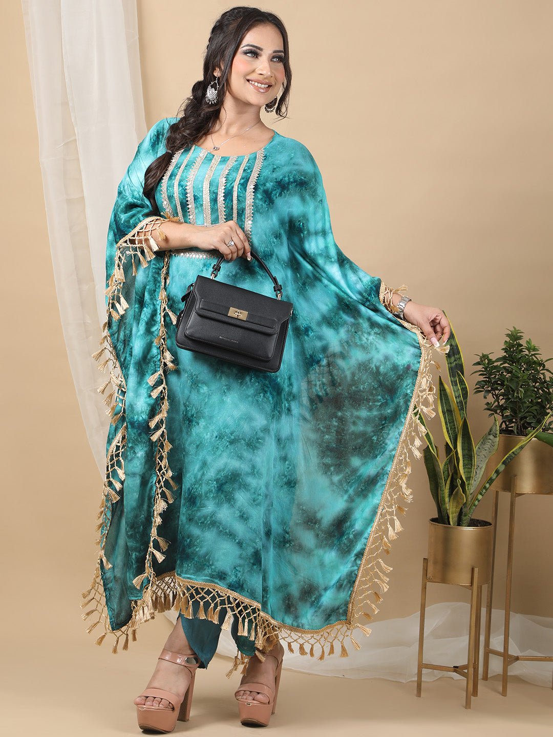 Sea Green Printed Round Neck Kaftan For Women RBF57