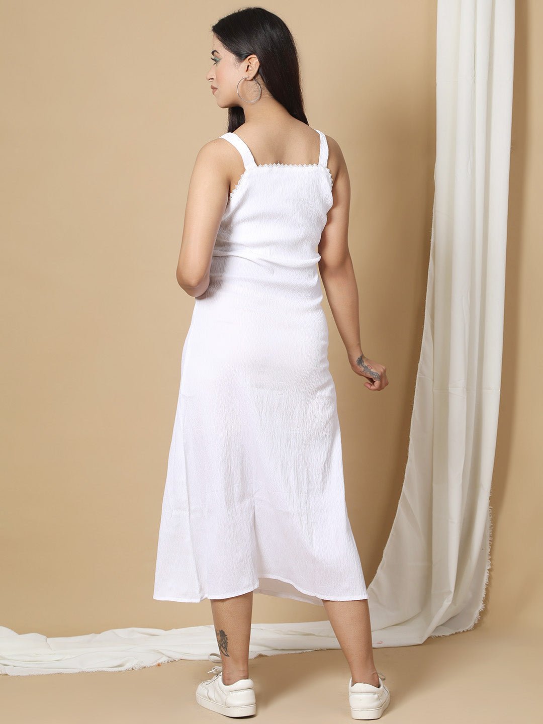 Trendy A-line Midi One Piece White Dress for Women RBF1