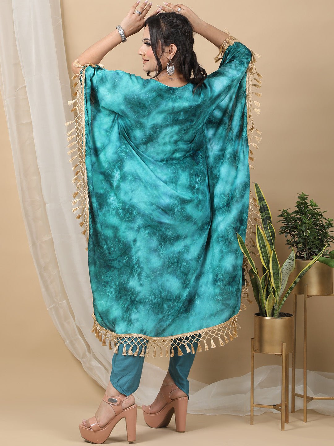 Sea Green Printed Round Neck Kaftan For Women RBF57