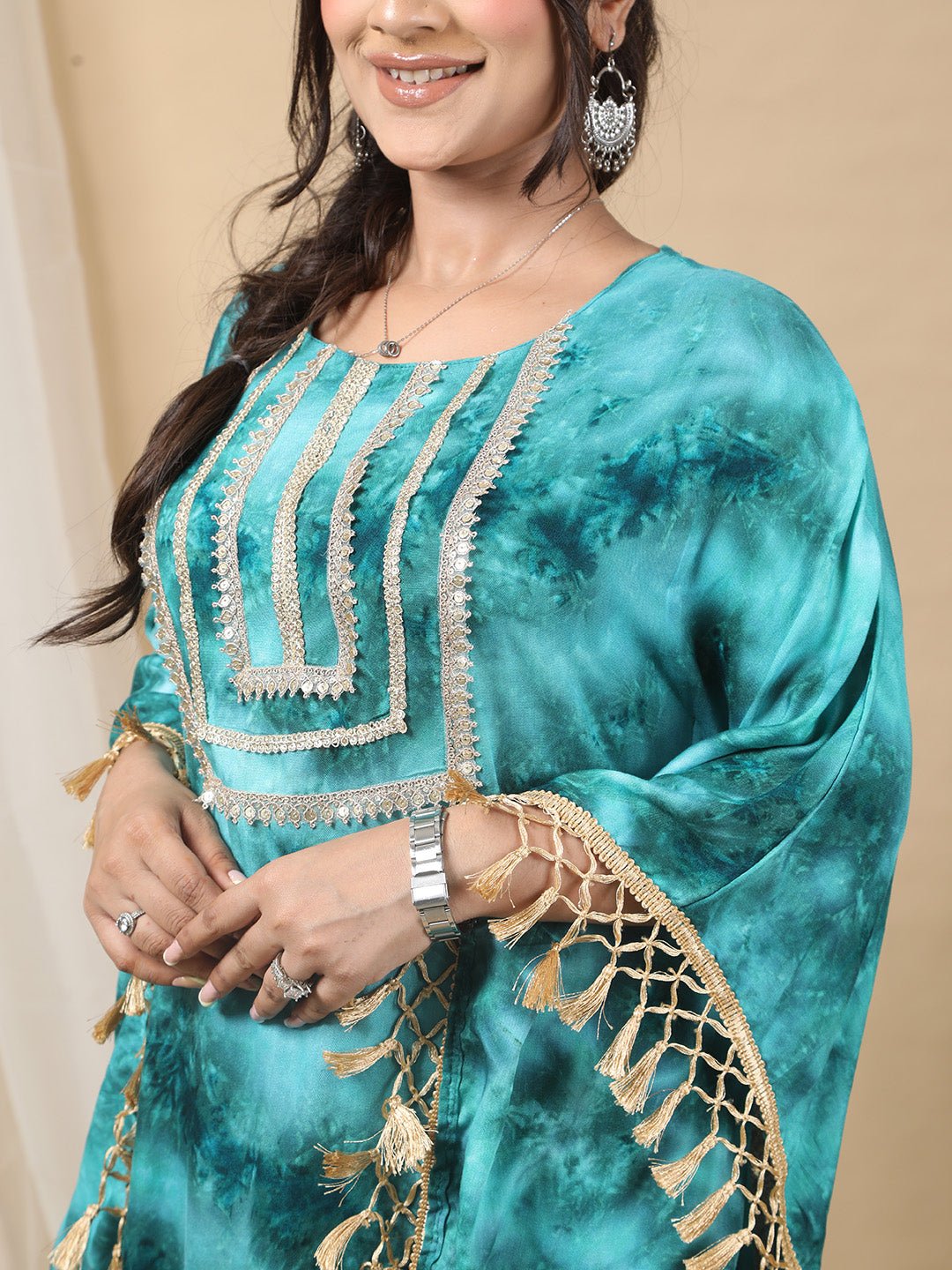 Sea Green Printed Round Neck Kaftan For Women RBF57